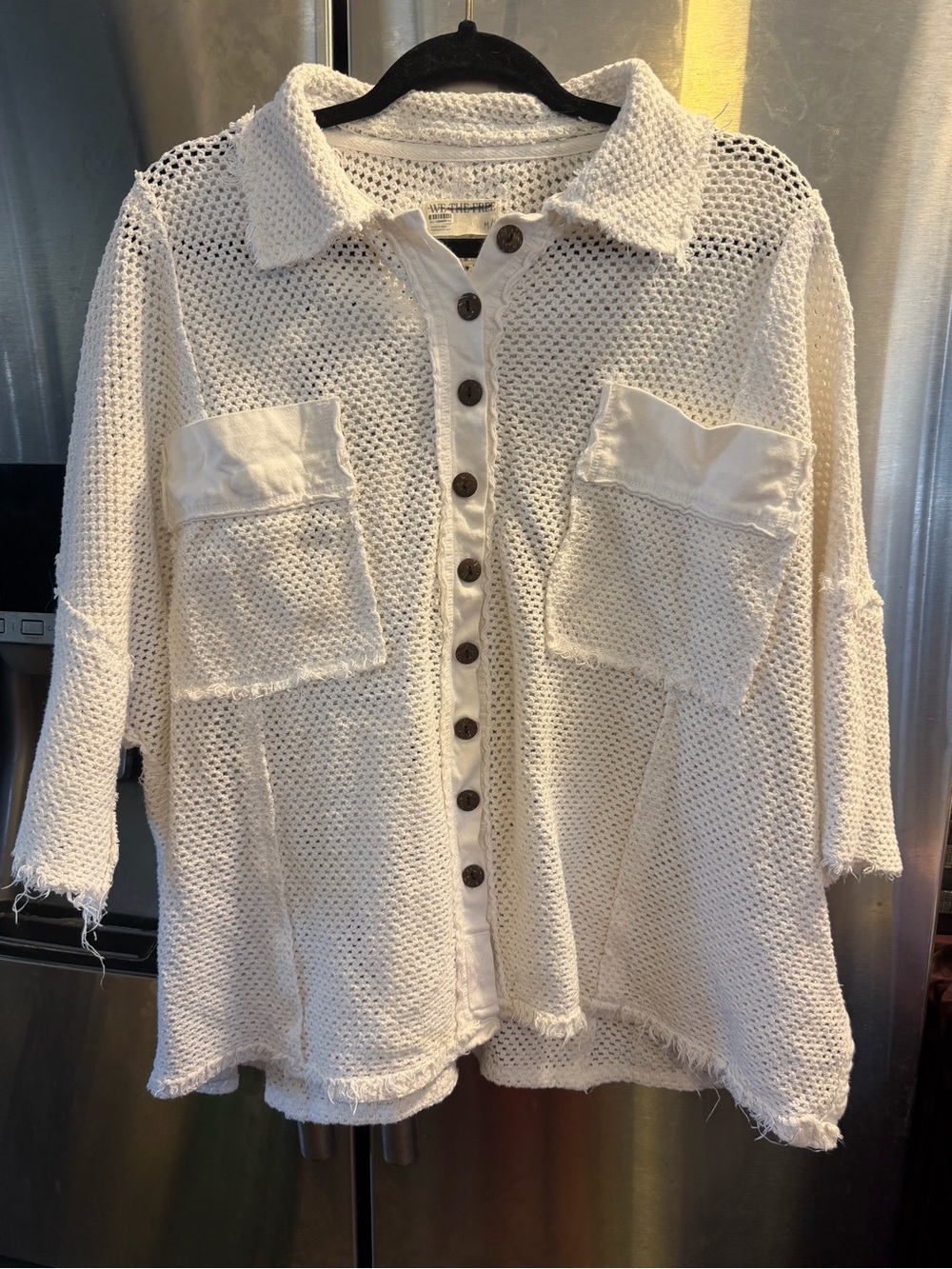 We The Free Open-Knit Cream Button-Front Pocket Shirt